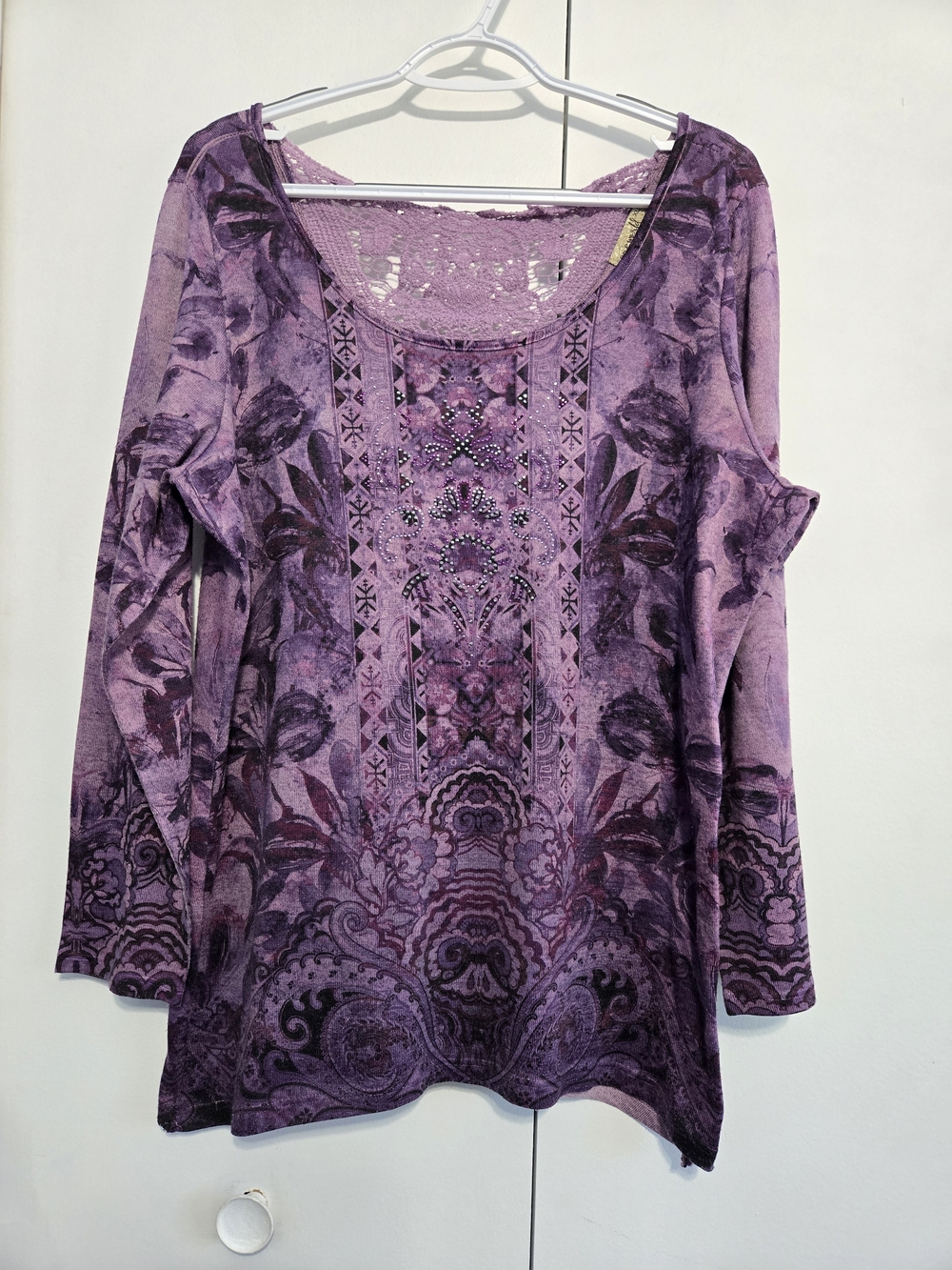 One World Live Let Live Tunic XL Purple Rhinestone Crochet Boho Whimsigoth